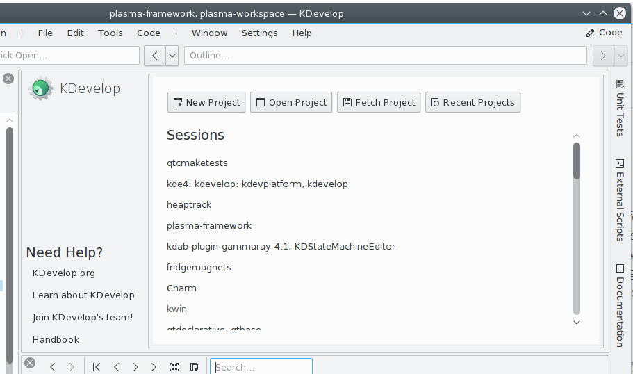 Screenshot of KDevelop's welcome page plugin