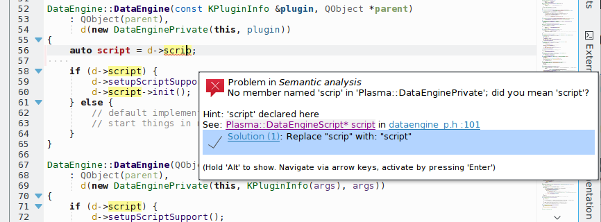 Screenshot of KDevelop showing Clang fixits