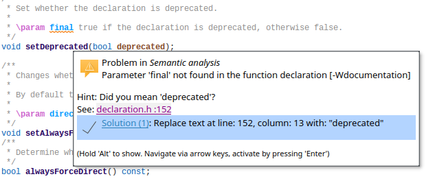 Screenshot of KDevelop analyzing doxygen-style code comments