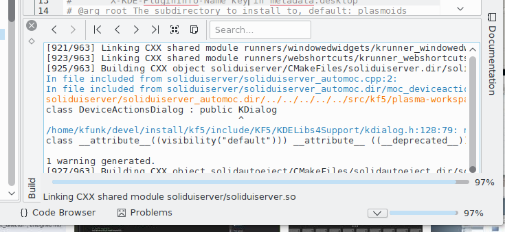 Screenshot showing KDevelop reporting ninja's progress